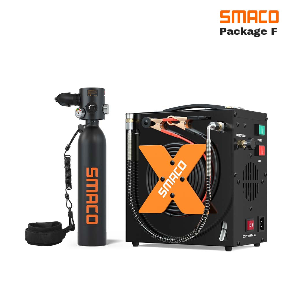 Black smaco s500 0.7l mini scuba tank and a Anti-drop rope, a smaco heap 1 electric air compressor 4500psi