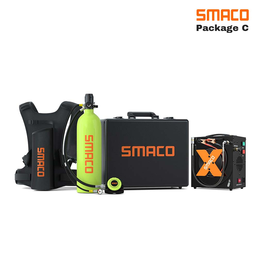 SMACO S700 2L Scuba Tank Portable Mini Scuba Diving Tank—DOT Certified Tank with 25-30 Minutes Backup Diving Air Tank Kit Oxygen Cylinder Underwater Breathing Device with Aluminum Hard Case green with a electric air compressor