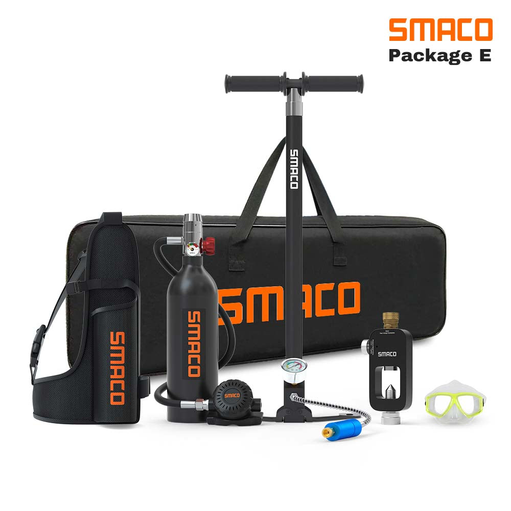 smaco s400 portable black 1l dive tank with a high pressure hand pump, and a refill, a mask,a long bag
