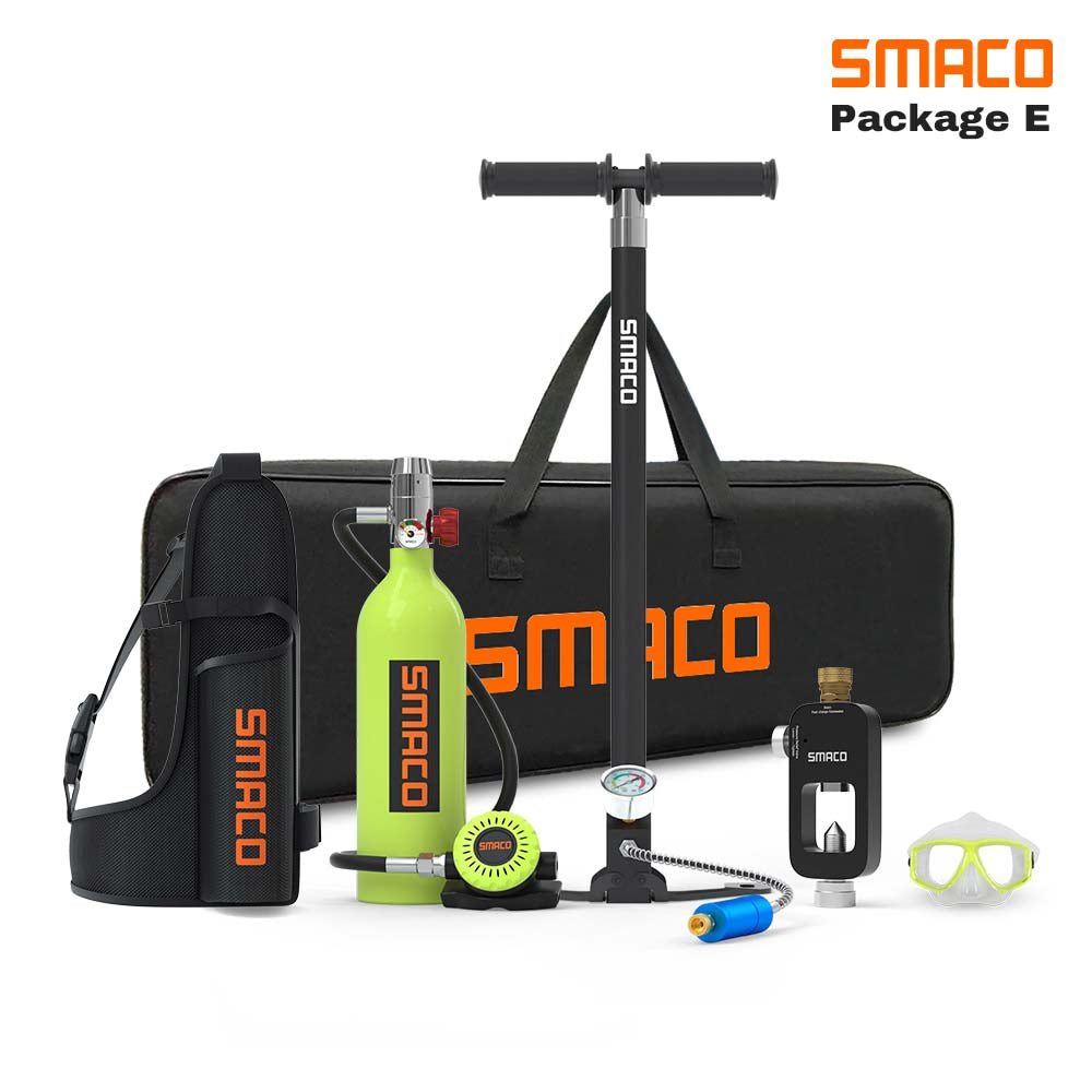 smaco s400 portable green 1l dive tank with a high pressure hand pump, and a refill, a mask,a long bag