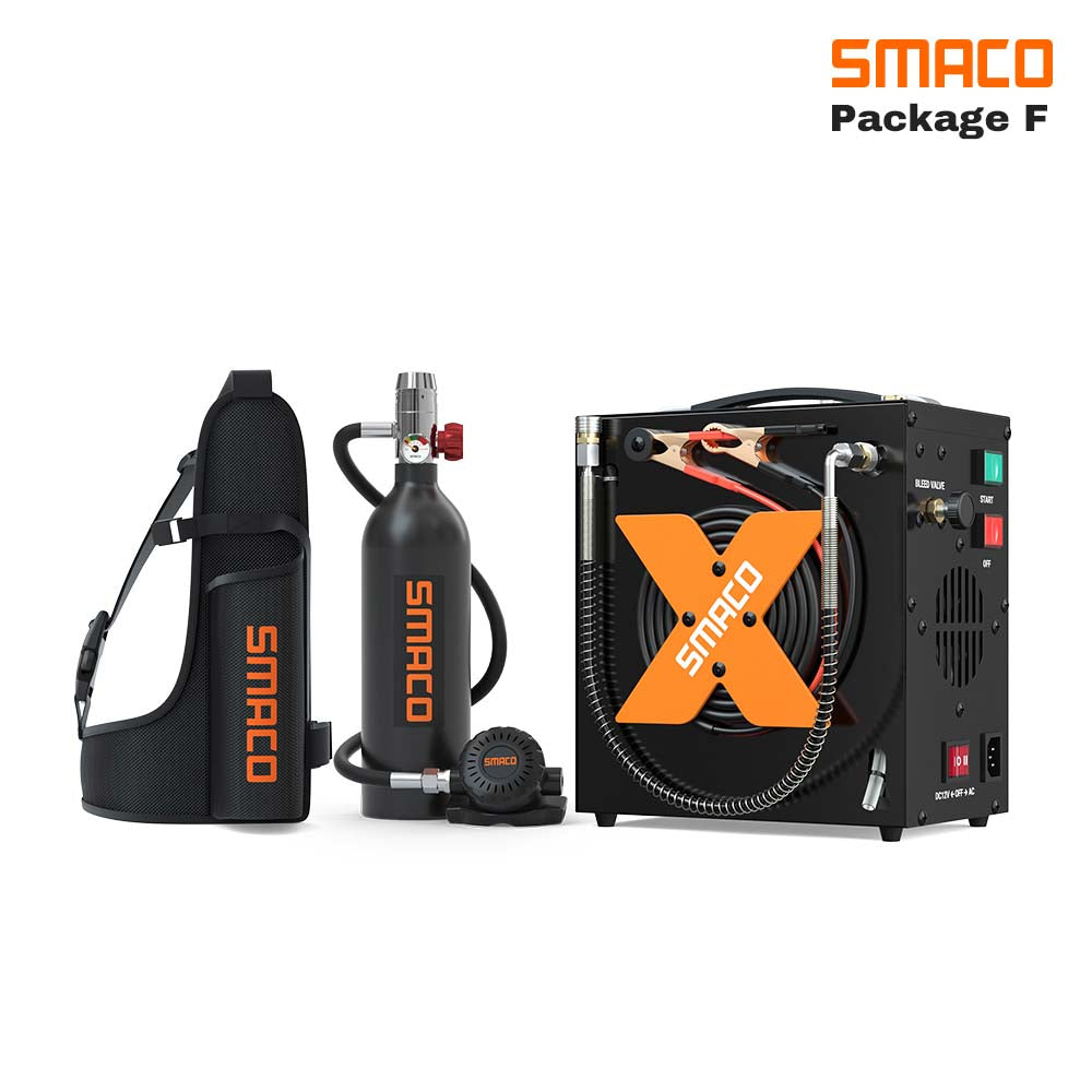 smaco s400 portable black 1l dive tank with an electric air compressor