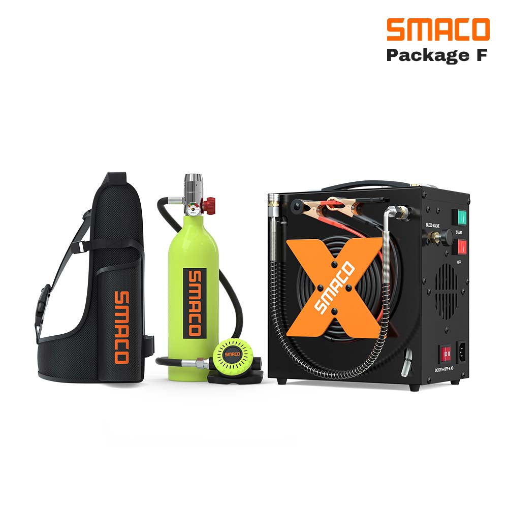 smaco s400 portable green 1l dive tank with an electric air compressor