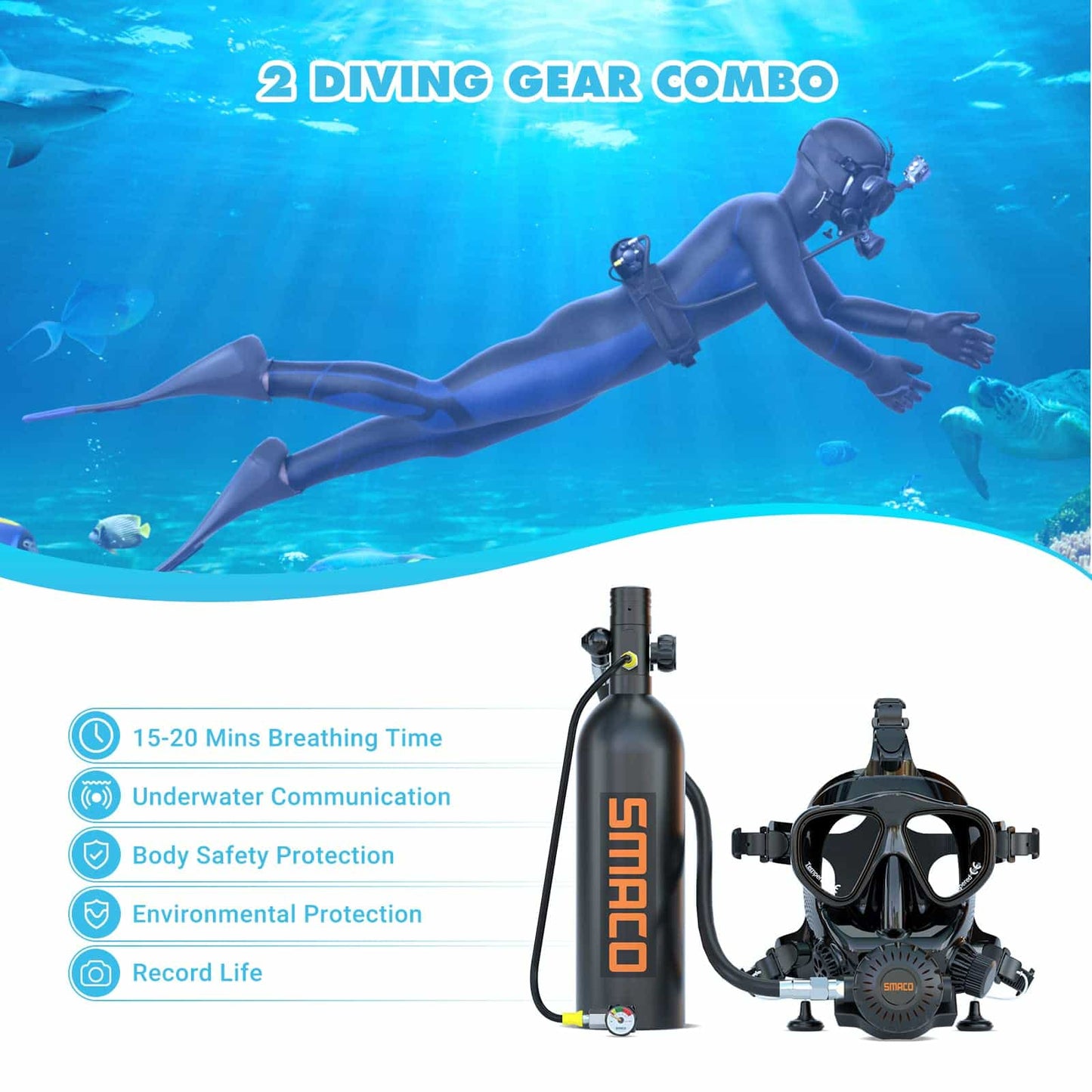 SMACO S400 Pro 1L Portable Mini Diving Tank Reusable Pony Bottle — with Full Face Diving Mask