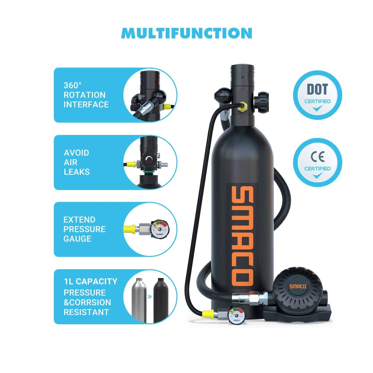 SMACO S400 Pro Bouteille de poney réutilisable pour mini réservoir de plongée portable 1L - avec masque de plongée intégral