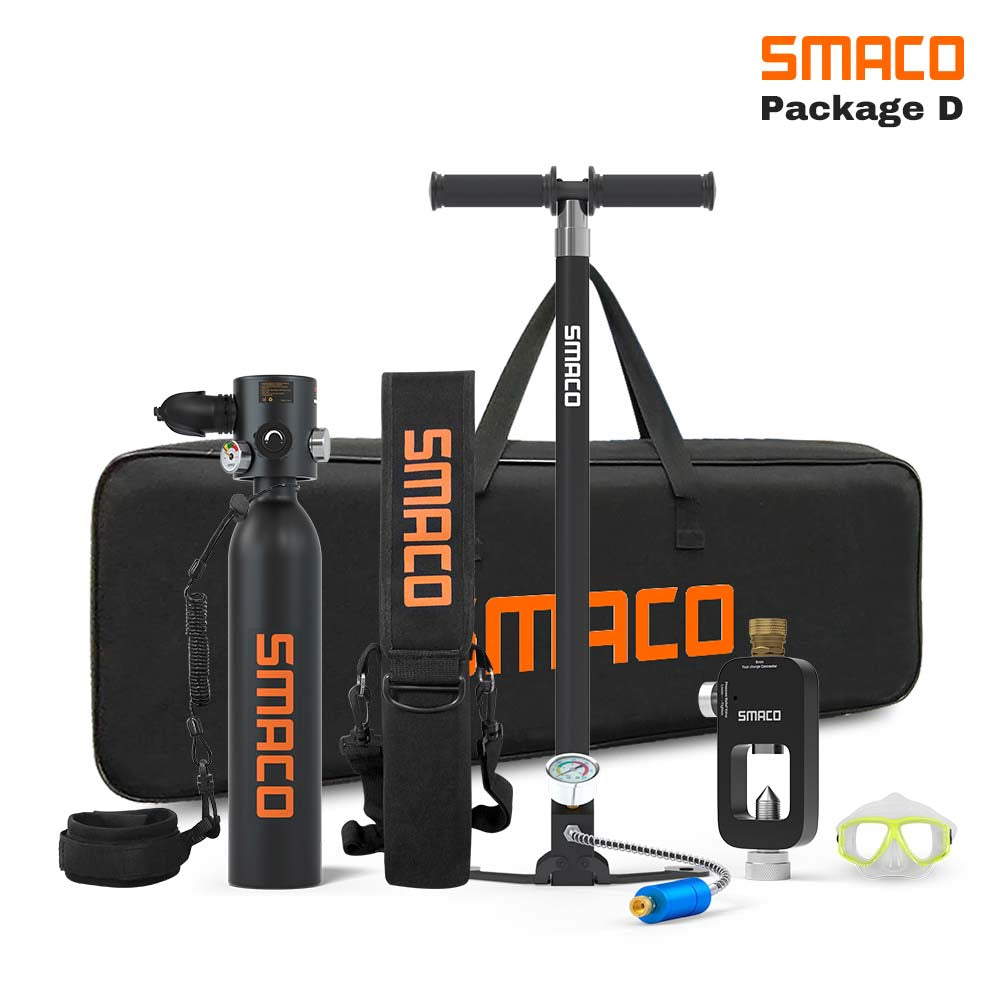 Black smaco s500 0.7l mini scuba tank and a Anti-drop rope, a second high-pressure pump,a long bag, a refill adapter,a snorkeling mask