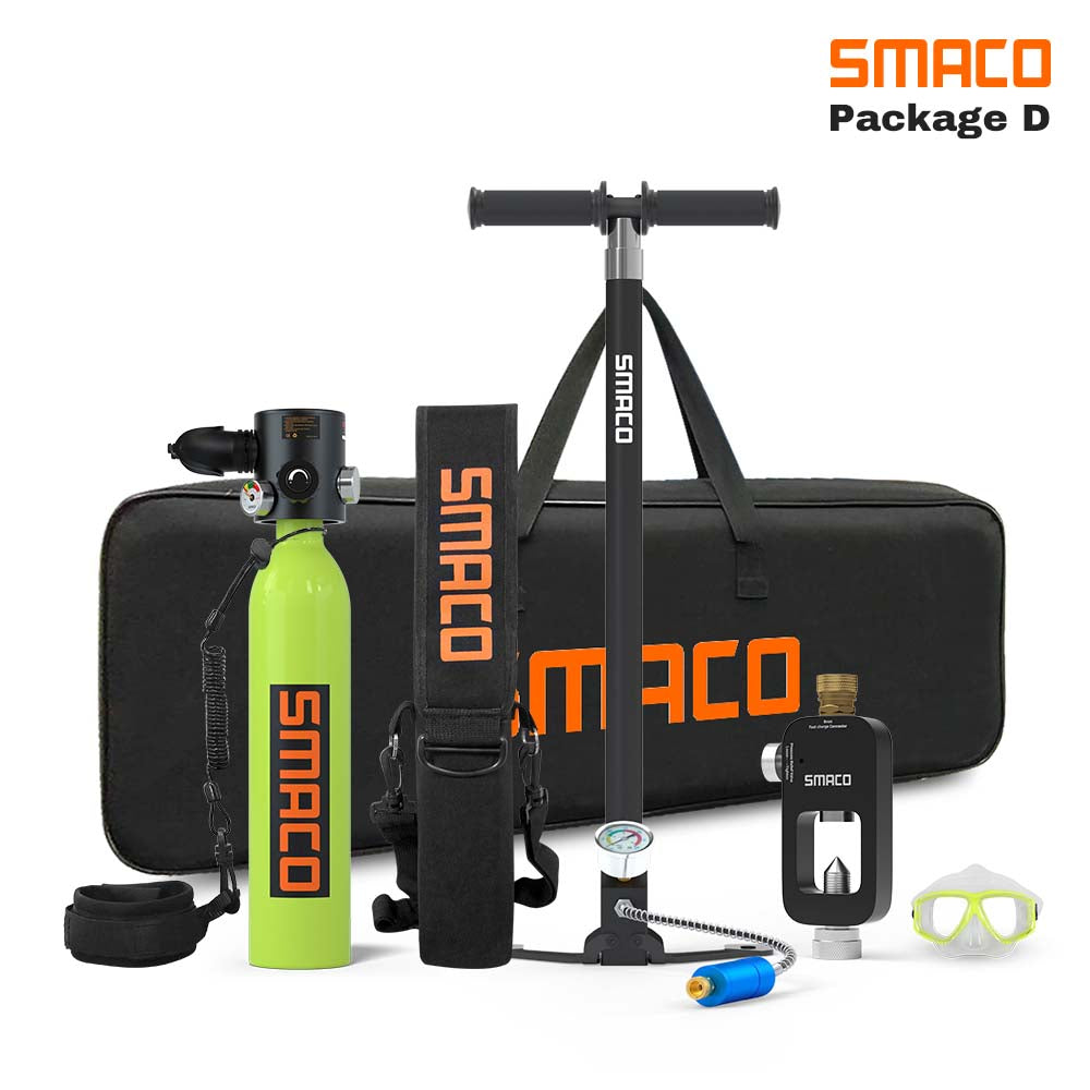 Green smaco s500 0.7l mini scuba tank and a Anti-drop rope, a second high-pressure pump,a long bag, a refill adapter,a snorkeling mask