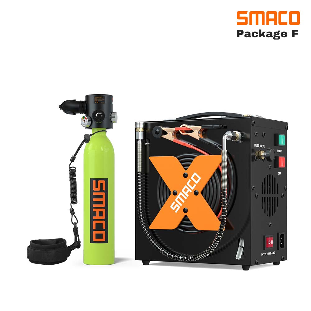 Green smaco s500 0.7l mini scuba tank and a Anti-drop rope, a smaco heap 1 electric air compressor 4500psi