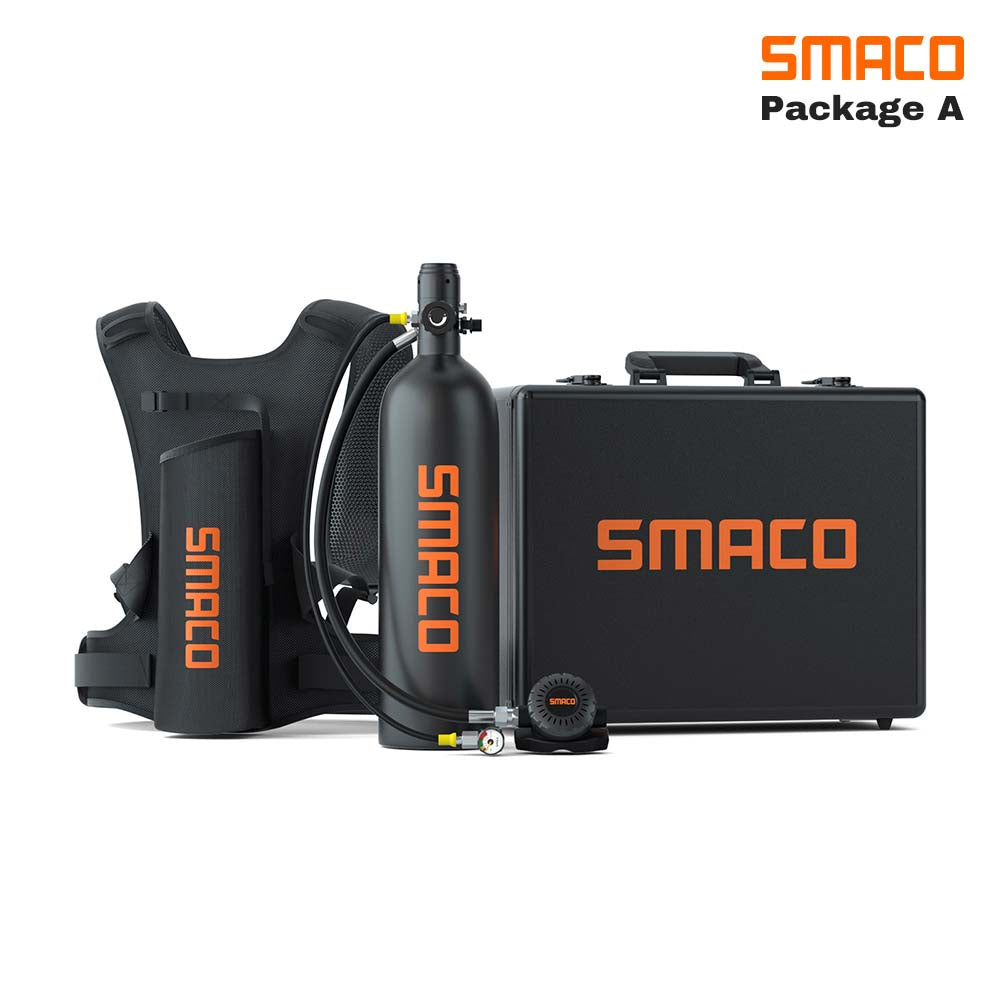 SMACO S700 2L Scuba Tank Portable Mini Scuba Diving Tank—DOT Certified Tank with 25-30 Minutes Backup Diving Air Tank Kit Oxygen Cylinder Underwater Breathing Device with Aluminum Hard Case black A