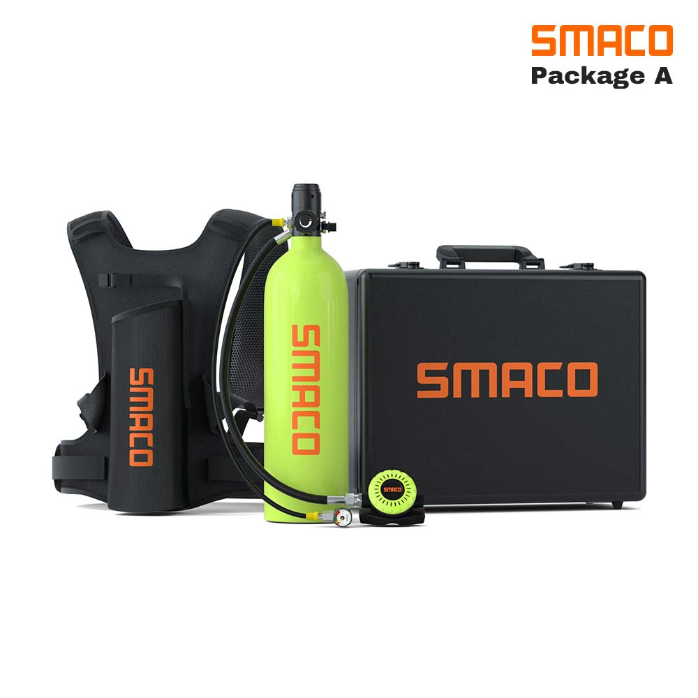 SMACO S700 2L Scuba Tank Portable Mini Scuba Diving Tank—DOT Certified Tank with 25-30 Minutes Backup Diving Air Tank Kit Oxygen Cylinder Underwater Breathing Device with Aluminum Hard Case green A