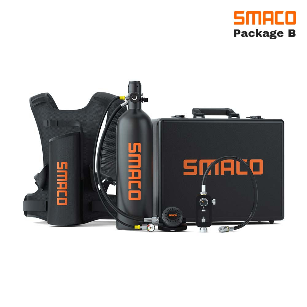 SMACO S700 2L Scuba Tank Portable Mini Scuba Diving Tank—DOT Certified Tank with 25-30 Minutes Backup Diving Air Tank Kit Oxygen Cylinder Underwater Breathing Device with Aluminum Hard Case black B
