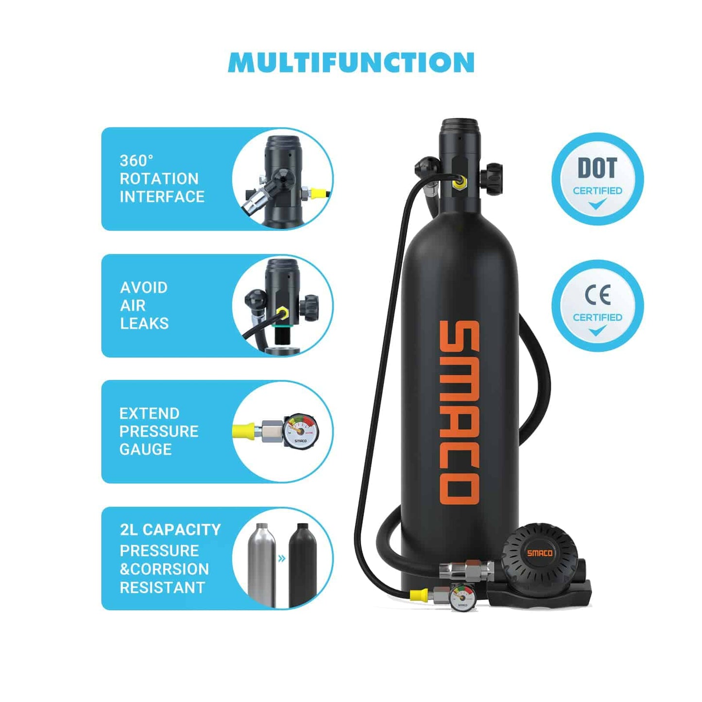 SMACO S700 2L Portable Scuba Diving Tank — with Full Face Diving Mask