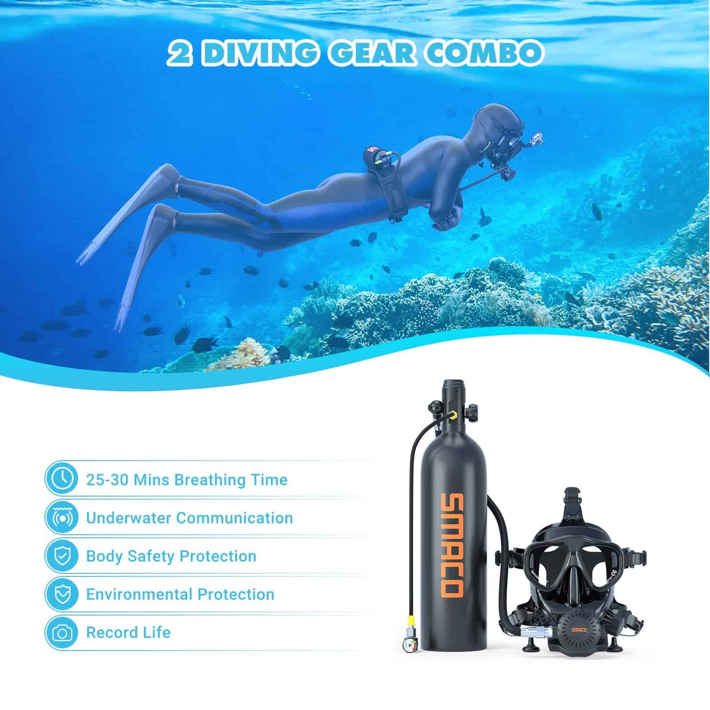 Bombola subacquea portatile SMACO S700 2L — con maschera subacquea a pieno facciale